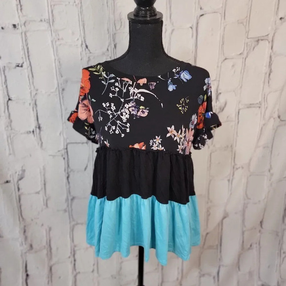 Turquoise Blue and‎ Black Color Block Floral Tiered Babydoll Ruffle Sleeve Top M - Picture 1 of 7